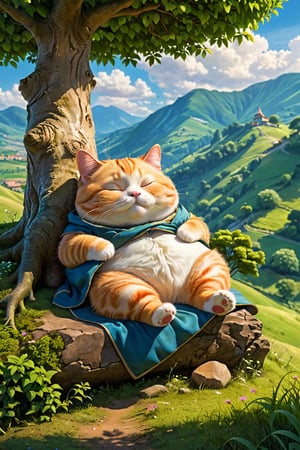 (masterpiece, best quality, ultra-detailed, finely detailed, high resolution), a nostalgic illustration, a man is sleeping in the shade of a big tree on a hill, BREAK, there is a cute fat ginger cat nearby