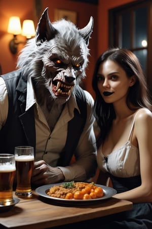 1 werewolf with a bib, 1 beautiful woman, dining together in a restaurant, beer on the table, during halloween season, cinematic, high definition, highly detailed, masterpiece