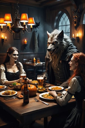 1 werewolf, 1 beautiful witch, dining together in a restaurant, beer on the table, halloween image, cinematic, dimly lit, high definition, highly detailed, masterpiece