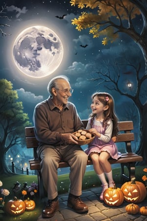 a detailed fantasy illustration, 1 cute little girl gives a basket of candies and cookies to her elderly grandpa, sitting on a bench in the park on a happy halloween day, talking and laughing happily, at night, Jack-o'-Lantern, full moon, highly detailed, masterpiece, sharp-focus,