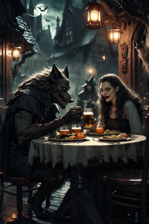 1 werewolf, 1 beautiful witch, dining together in a restaurant, beer on the table, halloween image, cinematic, dimly lit, at night, high definition, highly detailed, masterpiece