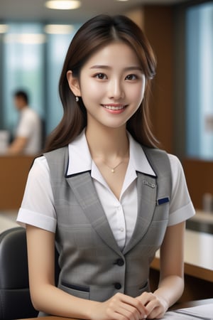 (masterpiece, best quality, photorealistic, ultra-detailed, finely detailed, high resolution, 8K wallpaper, sharp-focus), I would greatly appreciate it if you could create ((a portrait))  of ((1 female bank staff)), beautiful, 25yo, smiling, detailed eyes, realistic detailed skin texture, light-brown medium-length hair, wearing a light-grey-based plaid vest uniform, earrings, necklace, asian girl, in a bank, 