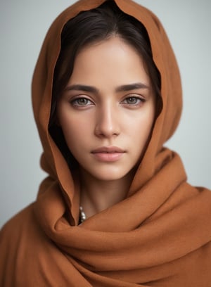 a photorealistic portrait of a stunningly beautiful woman without make-up, extremely detailed light hazel eyes, detailed symmetric realistic face, natural skin texture, extremely detailed skin with skin pores, peach fuzz, messy hair, wearing shawl over her head, masterpiece, absurdres, award winning photo by lee jeffries, nikon d850 film stock photograph, kodak portra 400 camera f1.6 lens, extremely detailed, amazing, fine detail, rich colors, hyper realistic lifelike texture, dramatic lighting, unrealengine, trending on artstation, cinestill 800 tungsten, looking at the viewer, photo realistic, RAW photo, TanvirTamim, high quality, highres, sharp focus, extremely detailed, cinematic lighting, 8k uhd