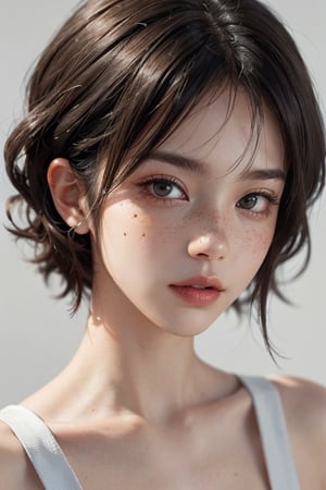 a 20 yo woman, black-hair, brown eyes, silky skin with light freckles(hi-top fade:1.3), white theme, soothing tones, muted colors, high contrast, (natural skin texture, hyperrealism, soft light, sharp)