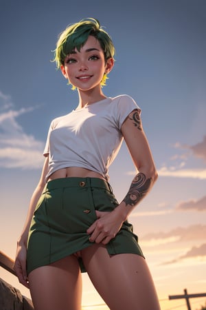 1girl,  cute beautiful skinny petite 30-year-old pixie girl,  short apple green hair pixie cut,  arm tattoo,  embarrased smile, posing in the sunset, wearing small tshirt and skirt,  upskirt, from below, pokies, [tan lines],  realistic swollen pussy [leaking grool],  labia, (flat-chested), (tiny) ass,  highly detailed,  realistic,  highest quality,  masterpiece photo,  nsfw,  solo