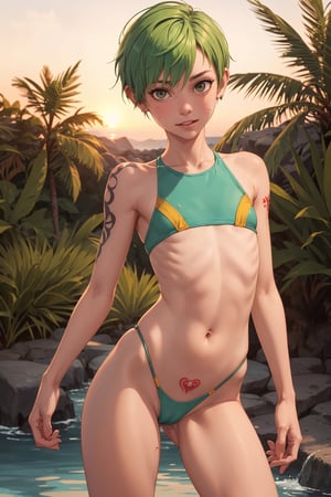 highly detailed photo of (skinny) 25-year-old girl,  arm tattoo, surprised happy embarrassed,  wearing colorful swimsuit,  cameltoe,  posing playfully in the sunset,  realistic moist swollen red pussy leaking [grool],  [anus],  tiny ass,  small tits,  (pokies),  flat-chested,  large erect clitoris,  (short yellow-green hair pixie cut),  nsfw,  1girl,  skin detail,  detailed hands,  best quality,  masterpiece