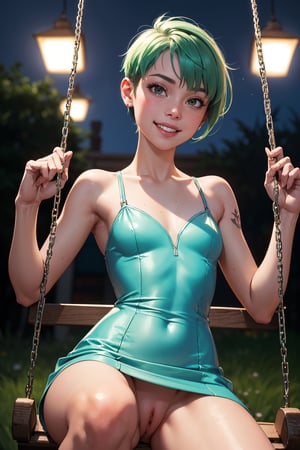 1girl,  cute beautiful skinny petite 30-year-old pixie girl,  short apple green hair pixie cut,  arm tattoo,  embarrased smile, on a swing at night, wearing dazzling dress, upskirt,  pokies,  close-up realistic swollen moist pussy labia clitoris,  (flat-chested),  presenting (tiny) ass,  highly detailed,  realistic,  highest quality,  masterpiece photo,  nsfw