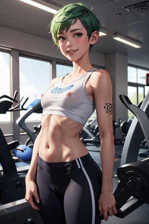 1girl,  cute beautiful skinny petite 30-year-old pixie girl,  short apple green hair pixie cut,  arm tattoo,  embarrased smile, in gym, wearing small tshirt and yoga pants, (revealing pussy), pokies, [tan lines],  realistic swollen pussy [leaking grool],  labia, (flat-chested), (tiny) ass,  highly detailed,  realistic,  highest quality,  masterpiece photo,  nsfw,  solo, clothes pull,clothes pull
