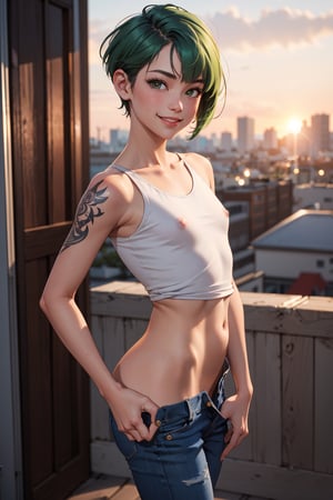 1girl,  cute beautiful skinny petite 30-year-old pixie girl,  short apple green hair pixie cut,  arm tattoo,  embarrased smile, posing in the sunset, wearing small tshirt and jeans,  pokies, [tan lines],  realistic swollen pussy [leaking grool],  labia, (flat-chested), (tiny) ass,  highly detailed,  realistic,  highest quality,  masterpiece photo,  nsfw,  solo,clothes pull