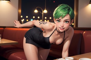 1girl,  cute beautiful skinny petite 30-year-old pixie girl,  short apple green hair pixie cut,  arm tattoo,  embarrased smile, legs open in a restaurant booth at night, wearing small dress,  upskirt, pokies, [tan lines],  close-up of realistic swollen pussy [leaking grool],  labia, (flat-chested), (tiny) ass,  highly detailed,  realistic,  highest quality,  masterpiece photo,  nsfw