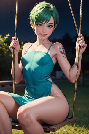 1girl,  cute beautiful skinny petite 30-year-old pixie girl,  short apple green hair pixie cut,  arm tattoo,  embarrased smile, on a swing at night, wearing dazzling dress, upskirt,  pokies,  close-up realistic swollen moist pussy labia clitoris,  (flat-chested),  presenting (tiny) ass,  highly detailed,  realistic,  highest quality,  masterpiece photo,  nsfw