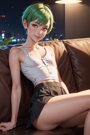 1girl,  cute beautiful skinny petite 30-year-old pixie girl,  short apple green hair pixie cut,  arm tattoo,  embarrased smile, legs open on a couch at night, wearing small shirt and skirt,  upskirt, pokies, [tan lines],  close-up of realistic swollen pussy [leaking grool],  labia, (flat-chested), (tiny) ass,  highly detailed,  realistic,  highest quality,  masterpiece photo,  nsfw