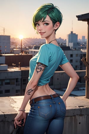 1girl,  cute beautiful skinny petite 30-year-old pixie girl,  short apple green hair pixie cut,  arm tattoo,  embarrased smile, posing in the sunset, wearing small tshirt and jeans, revealing pussy, pokies, [tan lines],  realistic swollen pussy [leaking grool],  labia, (flat-chested), (tiny) ass,  highly detailed,  realistic,  highest quality,  masterpiece photo,  nsfw,  solo, clothes pull