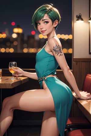 1girl,  cute beautiful skinny petite 30-year-old pixie girl,  short apple green hair pixie cut,  arm tattoo,  embarrased smile, legs open in a restaurant booth at night, wearing small dress,  upskirt, pokies, [tan lines],  close-up of realistic swollen pussy [leaking grool],  labia, (flat-chested), (tiny) ass,  highly detailed,  realistic,  highest quality,  masterpiece photo,  nsfw