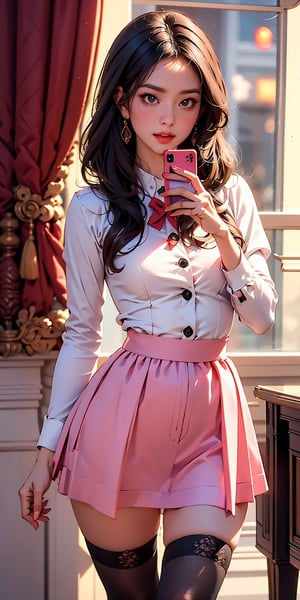 (masterpiece, best quality, supeior quality, intricate details, beautiful, aesthetic:1.2), high quality, 8k, RAW, ultra details, two girls, 25 and 45 years old, boss and subordinate, office, full-length, boss takes a picture on the phone, subordinate lifted her skirt, panties are visible, legs in stockings, embarrassment, background, (perfect hands:1.1),jisoolorashy