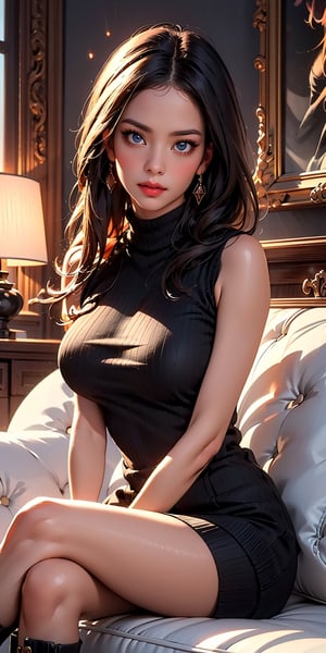 red medium skirt, tall black boots, perfect hands, blue eyes, , big tits, big_boobies, huge breasts, big breasts, Black high turtleneck sleeveless wool sweatshirt, hands holding his chest, crossed arms, She is sitting cross-legged, luxury room, ,phSaber, perfect hands, detailed face,jisoolorashy