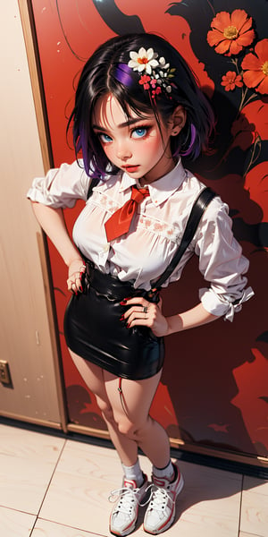 masterpiece,absurdres,best quality,Color Booster,niji,1girl,（Hotaru:1.4),(HOTARU, PURPLE HAIR, HAIRBAND, RINGED EYES, BLUE EYES, HAIR FLOWER, HAIR ORNAMENT, SHORT HAIR, BREASTS NAIL POLISH, SUSPENDERS, RED NAILS, HAIR FLOWER, HAIR ORNAMENT, NECKTIE, SUSPENDER SKIRT, SHIRT:1.2),Snacking,Illustration background,Creative non-realistic background,abstracts,（full body:1.2),（from above:1.2),bibilorashy
