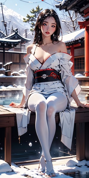 nsfw, removing_ANCIENT_KIMONO, full body, seductive dynamic pose, purple_eyes, seductive_longful_face, ((big massive gigantic breasts)), photo RAW, (An enchanting and alluring depiction of a female figure with snow-white silver long hair, (outdoor_onsen with winter Japanese landscape:1.3), meticulously illustrating every minute detail with astonishing clarity in an awe-inspiring 16K resolution, full body half in water, celestial, shiny aura, highly detailed, purple filigree, intricate motifs, organic tracery), ethereal beauty , perfect composition, sharp focus, background perfect composition, high detail, hyper realistic,extremely detailed, dynamic angle, (SNOWY_background:1.4), masterpiece, ,snow all over, pure white snow,(puffy breasts (cute girl), seductive sexy woman wide hips big thighs, highres, sharp focus, beautiful detailed hair, delicate details,, red glowing eyes, thick thighs shadow over face, (masterpiece, best quality, absurdres, keyvisual, caustics, cinematic lighting), (vibrant color:1.4), cinematic lighting, Exquisite details and textures, cinematic shot, Warm tone, (Bright and intense:1.2), ultra realistic illustration, siena natural ratio, anime style, Thigh gap. long white hair, sexy_opened_anient_kimono, honey - colored eyes, seductive look, sexy eyes, , juicy lips, Long Eyelashes, Hourglass body, thin waist, wide hips, (seductive_inviting_pose:1.5), sweets poses,removing kimono,pose undressing pantyhose,sitting girl,1girl