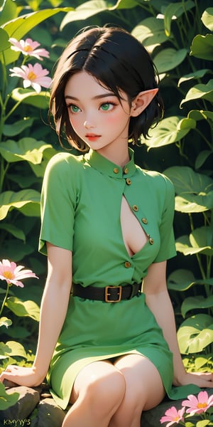 naked female elf fairy, black hair, pixie cut, small boobs, round boobs, sitting on a flower, green eyes, blushing,kimyojung