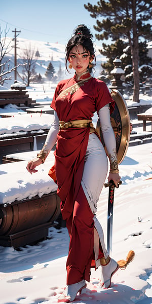 a woman indian wearing divine indian clothes, she walks in the snow , she holds her sword in her right hand and her shield in the other hand 