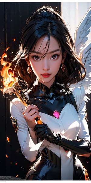poster of a sexy [vengafull angel] in a [ ], holding a flaming sword, latex uniform, eye angle view, designed by mike mingola, aw0k nsfwfactory, aw0k magnstyle, danknis, sooyaaa, Anime,,,
,m_kayoung