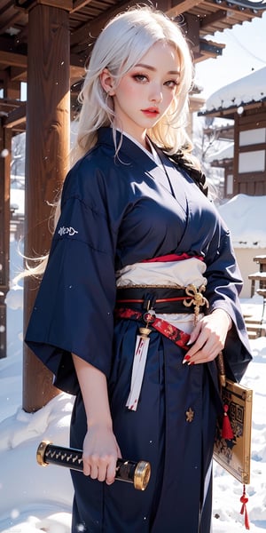 {{{masterpiece}}}, {{{best quality}}}, {{{ultra-detailed}}}, {cinematic lighting}, {illustration}, 1girl, samurai girl, white hair, long hair, hair over front, tight blue hakama, katana, unsheathing katana, snowy background, bloody snow, , Samurai girl, guweiz style, wo_jenwh1te01,,,
