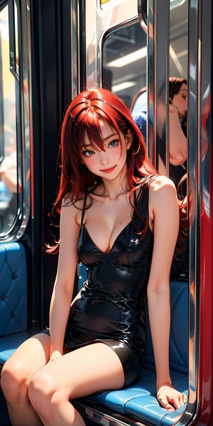 1girl, solo, long hair, breasts, looking at viewer, blush, smile, bangs, blue eyes, dress, cleavage, hair between eyes, bare shoulders, sitting, closed mouth, collarbone, red hair, big breasts, sleeveless, indoors, black dress, bare arms, sleeveless dress, feet out of frame, short dress, hair intakes, between legs, hand between legs, train interior,naeunlorashy