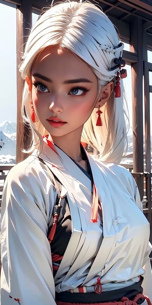 3/4_BODY of an ADULT FEMALE SAMURAI, (LONG_WHITE_HAIR_FEMALE:1.5) PERFECT HANDS HOLDING A KATANA (DETAILED TRADITIPNAL KATANA_SWORD:1.5), standing the top of a mountain and gazing far away, detailed eyes, best quality, masterpiece, beautiful and aesthetic, 16K, (HDR:1.4), high contrast, (vibrant color:0.5), (tmasterpiece, best:1.2), gorgeous perfect symmetrical eyes, tired face, far_away_gaze, (wears detailed TRADITIONAL HANFU:1.5), intricate detailing, finely eye and detailed face, Perfect eyes, Equal eyes, Fantastic lights and shadows、white background、 Uses backlight and rim light, huoshen, simple white BACKGROUND, More Detail, zhurongshi, breakdomain, , Niji style,nodf_lora,niji