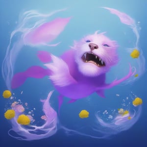  no humans, flower, simple background, purple background, solo, open mouth, waves, fangs, horns, water, teeth, fish, fine art parody, tusks, sharp teeth, signature,Spirit Fox Pendant,underwater