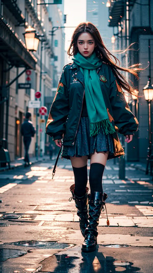 1girl, solo, (long hair, brown hair, green eyes:1.3), (long jacket, scarf, black boots), glitter, black, realistic style, 8k, exposure blend, (large breast, slim, angry:1.1), (full body), (fantasy clothes:1.2), (wind:1.3), dark of night, (aesthetic background),(masterpiece:1.2), (best quality, highest quality), (ultra detailed), (8k, 4k, intricate),(full-body-shot), (50mm), (highly detailed:1.2),(detailed face:1.2), detailed_eyes,(gradients),(ambient light:1.3), center subject, (cinematic composition:1.3),(HDR:1),Accent Lighting,extremely detailed,original, highres, unique pose, (perfect_anatomy:1.2), (ray tracing), dark studio, SILHOUETTE LIGHT PARTICLE, perfecteyes,