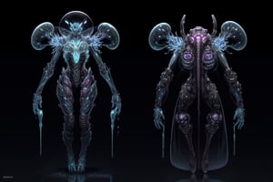 "Species 3 is characterized by a gelatinous exoskeleton that can change transparency for camouflage. They possess bioluminescent patterns on their bodies, serving both communication and attraction purposes. Adapted to extreme temperatures, this species relies on internal bioreactors to generate energy, consuming mineral-rich substances for sustenance."