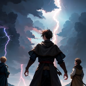 Kid, wizard, 1boy, little boy, (((throwing lightning))), medieval clothes, archimade dress:1.8, lightnings clouds, ((angry look)), dark background,