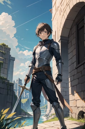 masterpiece, best quality, Looking at the viewer, solo, male, 1boy, outdoors,((15 age)), full_body, light ray, smile, Roppuru, brown hair, golden eyes, 武俠, one nice sword hold by the right hand, armor, final fantasy, sky, blue and sliver clothing, sky hairstyle, nice sword 