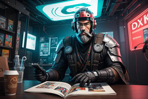 A techno cyberpunk samurai reading a comic book,  helmet above the table, long white beard, wise look, realistic style, UHD, render, octan render, 8K, vivid colors, neon colors, studio lights, cinematic lights, metal patterns, darker background, intricate, sci-fi, hyper realistic, texture 3d, darker, 