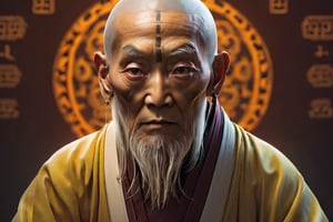 Pai Mei as an old monk looking forward intimidating gaze, wise and intimidating gaze, realistic style, UHD, render, octan render, 8K, vivid colors, neon colors, studio lights, cinematic lights, metal patterns, darker background, intricate, sci-fi, hyper realistic, texture 3d, darker, 