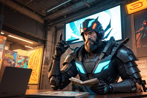 A techno cyberpunk samurai reading a comic book,  helmet above the table, long white beard, wise look, realistic style, UHD, render, octan render, 8K, vivid colors, neon colors, studio lights, cinematic lights, metal patterns, darker background, intricate, sci-fi, hyper realistic, texture 3d, darker, 