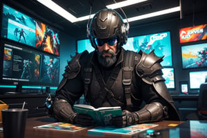 A techno cyberpunk samurai reading a comic book,  helmet above the table, long white beard, wise look, realistic style, UHD, render, octan render, 8K, vivid colors, neon colors, studio lights, cinematic lights, metal patterns, darker background, intricate, sci-fi, hyper realistic, texture 3d, darker, 