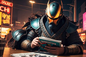 A samurai reading a comic book,  helmet above the table, long white beard, wise look, realistic style, UHD, render, octan render, 8K, vivid colors, neon colors, studio lights, cinematic lights, metal patterns, darker background, intricate, sci-fi, hyper realistic, texture 3d, darker, 