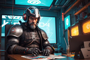 A techno cyberpunk samurai reading a comic book,  helmet above the table, long white beard, wise look, realistic style, UHD, render, octan render, 8K, vivid colors, neon colors, studio lights, cinematic lights, metal patterns, darker background, intricate, sci-fi, hyper realistic, texture 3d, darker, 