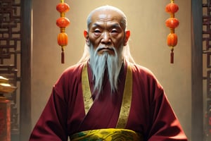 Pai Mei as an old monk looking forward intimidating gaze, wise and intimidating gaze, realistic style, UHD, render, octan render, 8K, vivid colors, neon colors, studio lights, cinematic lights, metal patterns, darker background, intricate, sci-fi, hyper realistic, texture 3d, darker, 