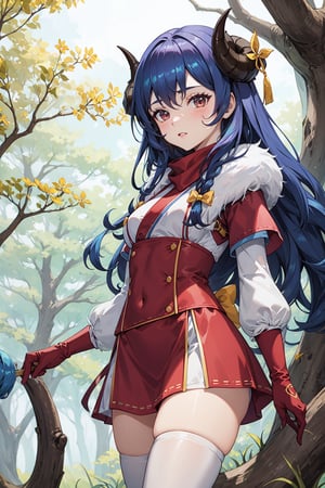 2d, masterpiece, best quality, anime, highly detailed, 1girl, cowboy shot, solo, BREAK spirit blossom kindred, blue hair, horns, cherry blossom, magic forest, trees in background