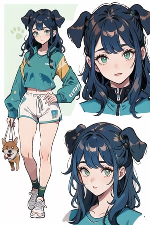 (Masterpiece),1girl,Girl, in sportswear, 16 years old, blue hair, green eyes, with a pet Corgi dog 