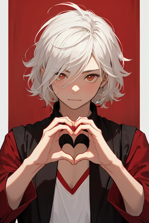 Boy, white hair, Masterpiece, Best quality, Brown eyes, making a heart with her hands,Background of a red wall