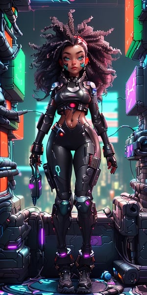 ((SFW Cyberpunk, best quality, masterpiece)), (very detailed), 3d, Friendly, (((Cyberpunk, sfw Hacker black girl, thick hair, African, Sci-Fi))), operating spaceship, servers computer, LCD screens, fiber optic cables, holographic panels, HDR (high dynamic range), ray tracing, NVIDIA RTX, super resolution, ureal engine 5