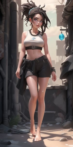 masterpiece, best quality, 1girl, female dreadlock, solo, cyberpunk, ((skinny body, barefoot, full body, sweaty body, beads of sweat on body, slim)) , cloud dust, hair showing, hair showing shows, barefoot, black hair, fine focus, high resolution, 8k, highly detailed, mysterious, post-apocalyptic fashion