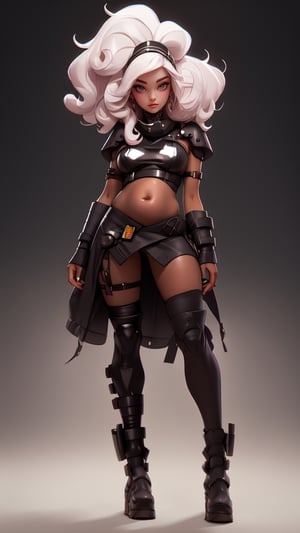 sexy, masterpiece, best quality, ultra-detailed, full body: 1.2, ((loli black sexy girl, showing belly, big boobs, crotch, black skin)), crop sci-fi suit open in front (no clothes), full body action pose, slender body, clear smile, full body, multicolored, curly, frizzy, modern hair, modern accessories, pastel tone background, colorful and simple, 
two legs, post-apocalyptic fashion