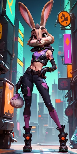 best quality, masterpiece, 1 solo girl cyberpunk,((Judy Hopps style bunny girl zootopia, cyberpunk, crop top, full body, sci-fi, bald)),(petite loli, 18 years old),((bald,facial features rabbit,rabbit body Features,rabbit hair body, anthropomorphic)), ((rabbit ears)),(detailed hands), red color eyes, rabbit feet, cyberpunk background