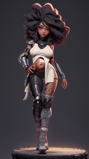 sexy, masterpiece, best quality, ultra-detailed, full body: 1.2, ((sexy black girl, no belly, very big breasts, black skin, slim body)), crop sci-fi armor open in front (no clothes), full body dynamic action pose, slim body, clear smile, full body, multicolored, curly, frizzy, modern hair, modern accessories, pastel tone background, colorful and simple, 
two legs, post-apocalyptic fashion