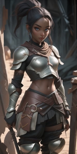 best quality, masterpiece, ultra detailed, symmetrical, proportional, 8k, (1 beautiful human female 25 years old, dovahkiin from TES skyrim game, dark skin, african, pretty face, slim body, detailed hands, thin body, waist, proportional body , small breasts), ((Very Sexy Armor, crop top Armor)),post-apocalypic_fashion