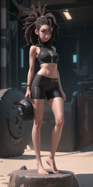 ((povd sfw)), masterpiece, best quality, 1girl, female dreadlock, solo, cyberpunk, ((skinny body, barefoot, full body, sweaty body, sweat beads on body, skinny, black skin, black girl) ), cloud dust, hair showing, hair show shows, barefoot, black hair, fine focus, high resolution, 8k, highly detailed, mysterious, post-apocalyptic fashion